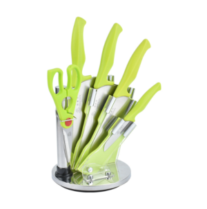 Green color handle 6 pcs kitchen knife set with acrylic knife block