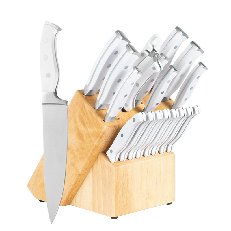AYO-AH01 19PCS White handle kitchen knife set with natural wooden block