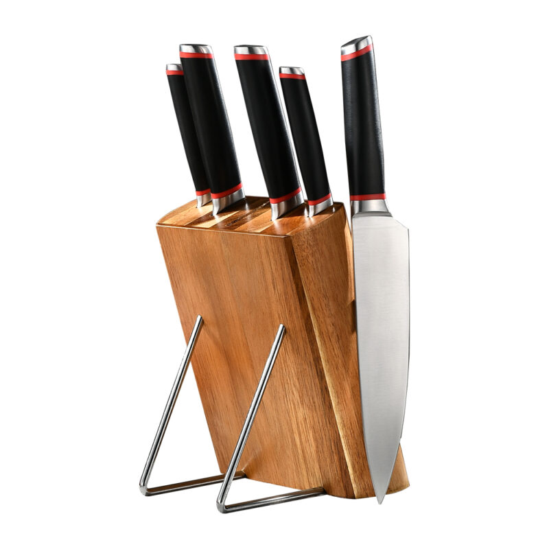 AYO-AH80 6Piece Red and Black handle forged kitchen knife set with Acacia wooden block