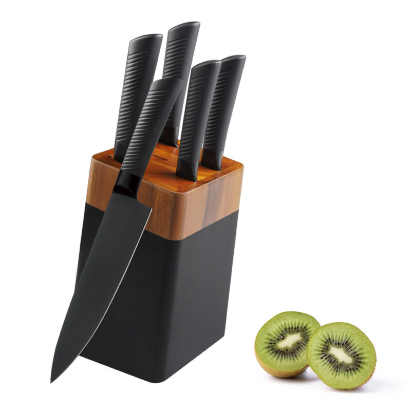 AYO-BH03 6 pieces kitchen knife set chef knife handle black coating with wooden block
