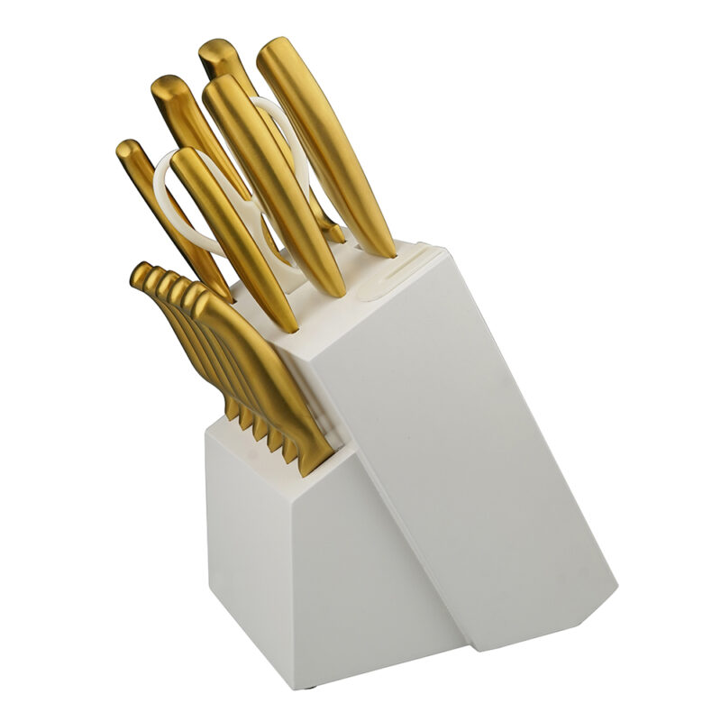 AYO-BH14 15 Pieces Fashion Golden Kitchen Knife Set with Self Sharpener Wooden Block