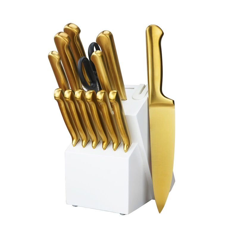 AYO-BH12 15 Pieces Sharp Durable Fashion Golden Rust Resistance Blade Kitchen Knife Set with Self Sharpener Wooden Block