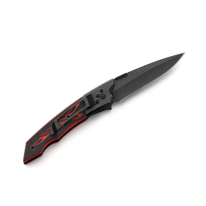 AYO-B528B_Black color folding knife with blazing flame handle