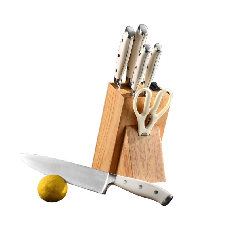AYO-FCAB white ABS handle kitchen knife set with wooden block