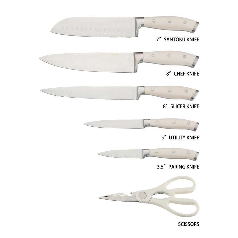 AYO-FCAB white ABS handle kitchen knife set with wooden block - Image 3