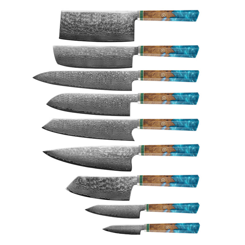 AYO-JDH08-9-R 9 Pieces Damascus Kitchen Knife 67 Layers Damascus Steel with Resin and Wood Handle
