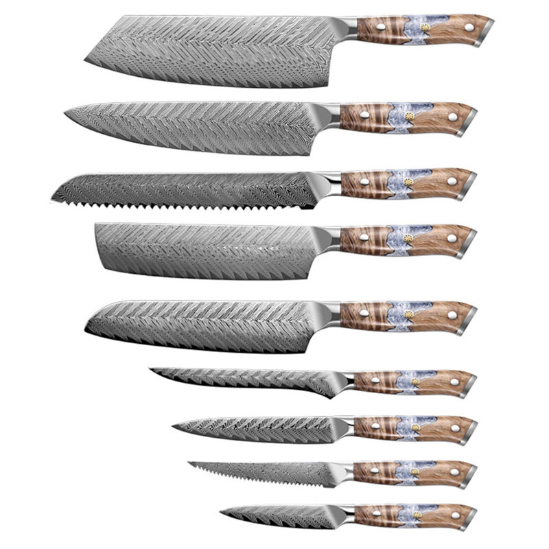 AYO-JDH04-D-RW Damascus Kitchen Knife Set 9 Piece Damascus Steel VG10 Kitchen Knife Set with wood handle